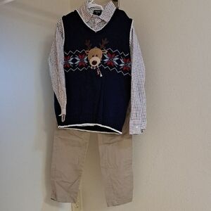 3-piece Izod Set - Reindeer Vest, Beige Pants & White Dress Shirt